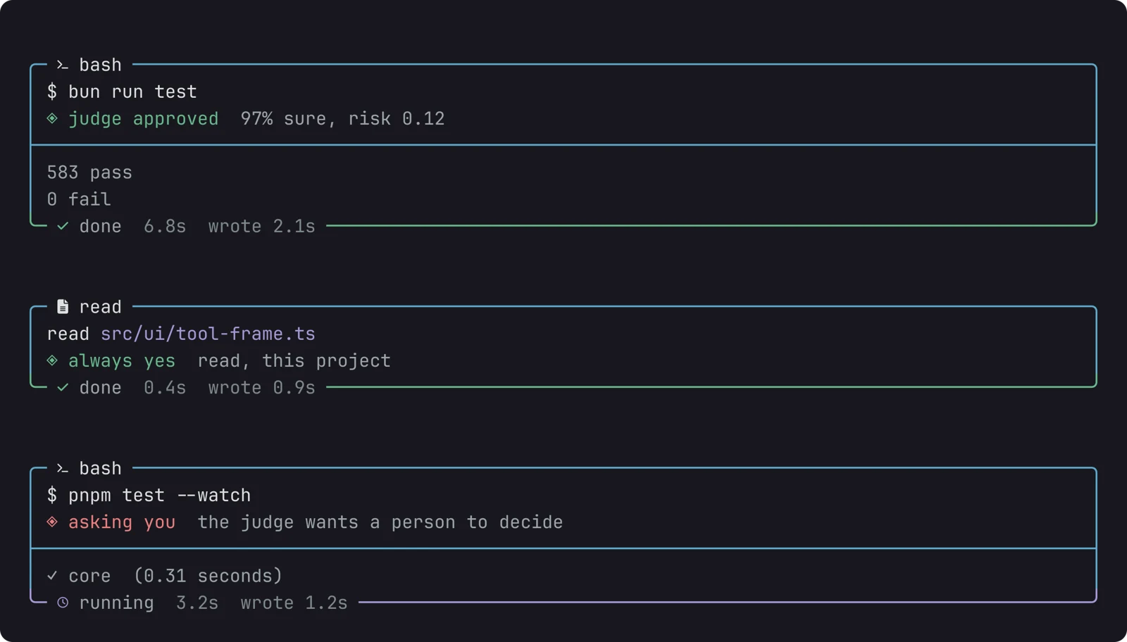 Three tool calls in their frames: a bash the judge approved 97% sure, a read let through by always yes, and a bash the judge sent to me