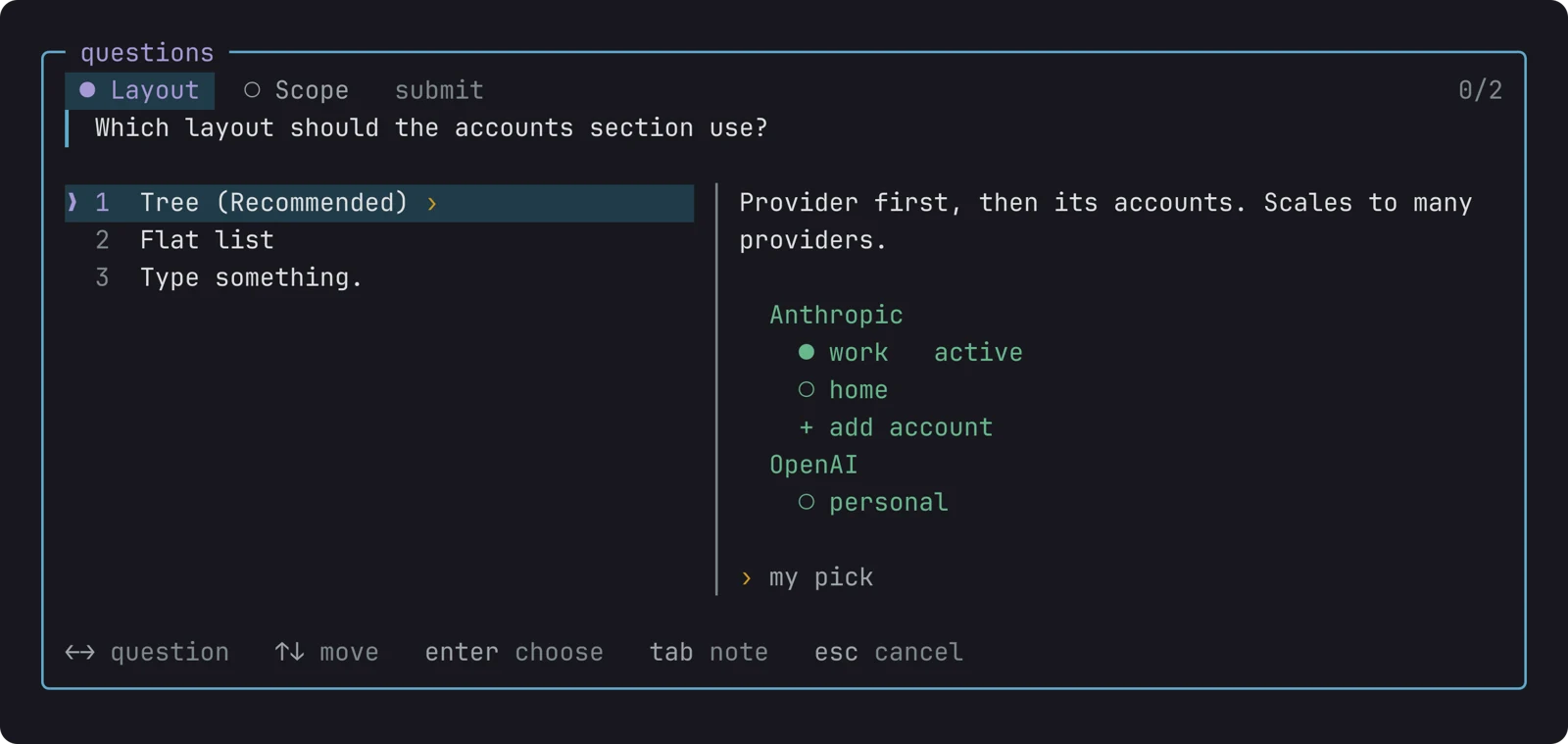 The question dialog: two questions as tabs, the options on the left, and on the right the description and the preview of the focused option