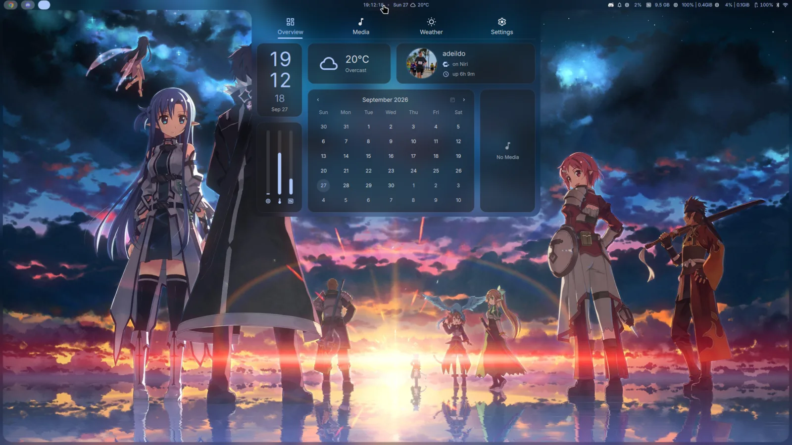 The DankMaterialShell dashboard open over the wallpaper, with the clock, weather, a calendar and the media player
