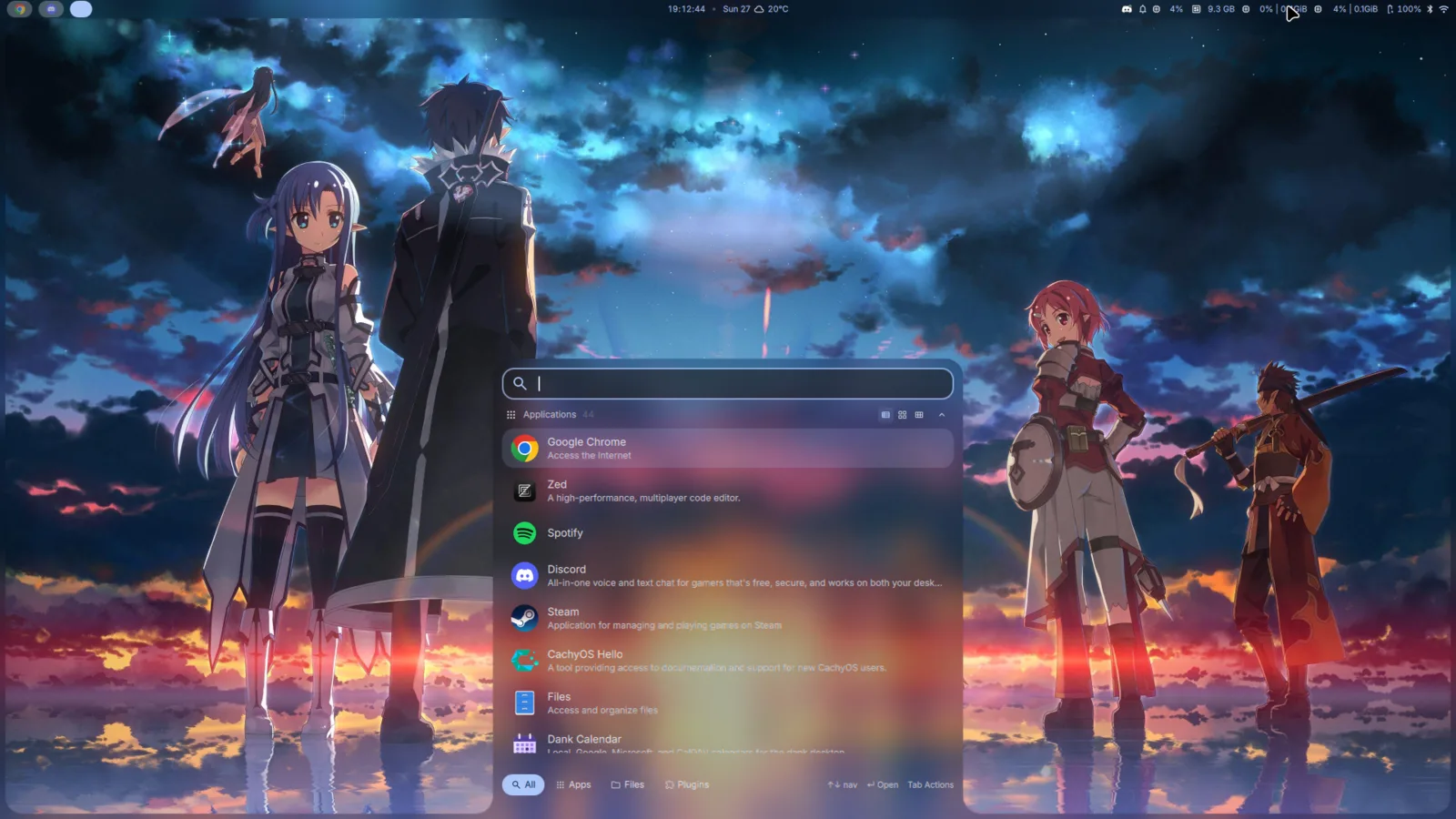 The DMS launcher open in the middle of the screen, listing Google Chrome, Zed, Spotify, Discord and Steam