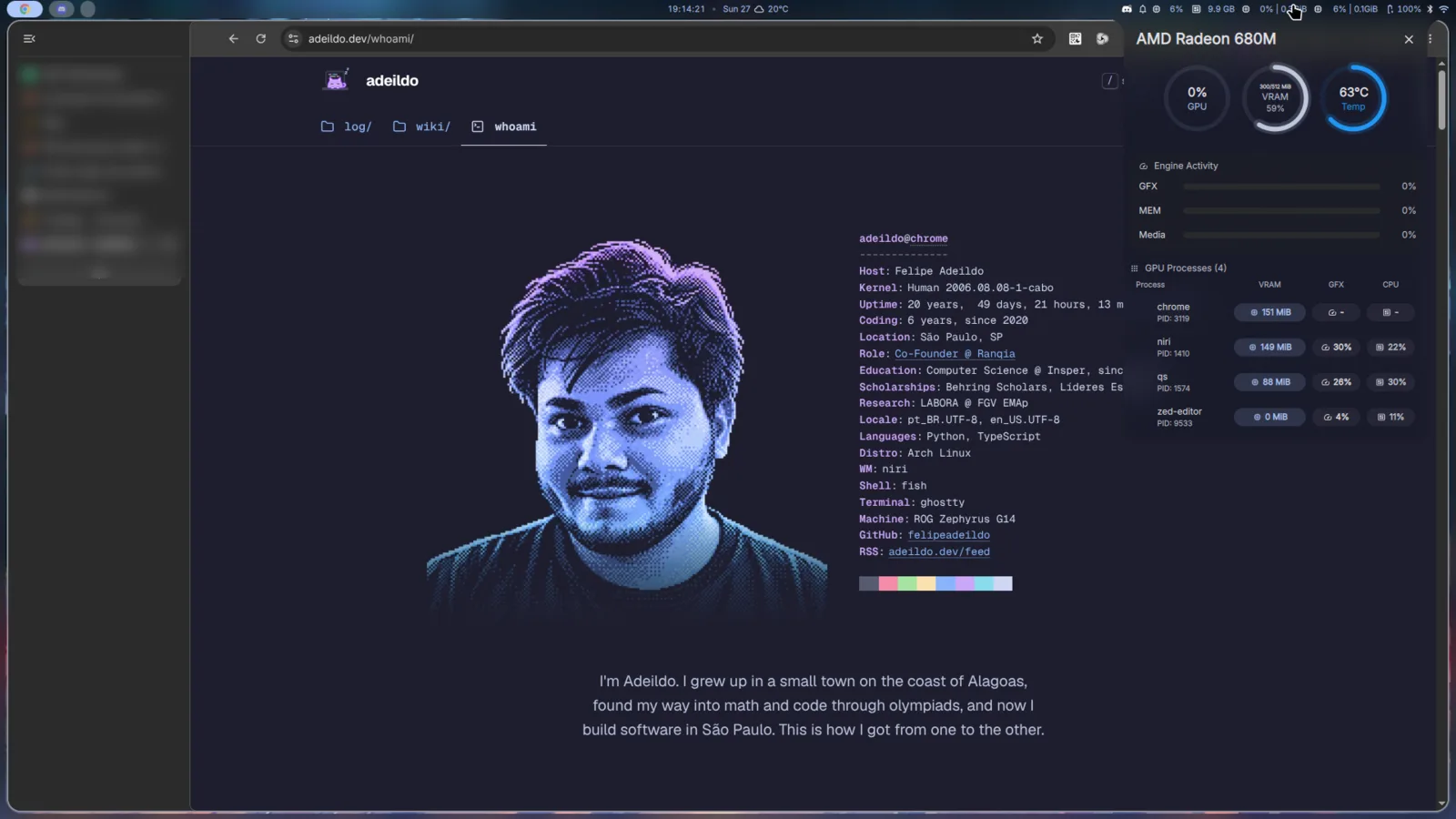 Chrome maximized inside the DMS frame, with the AMD GPU Monitor popout open on the right