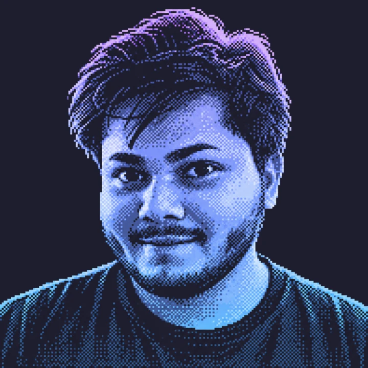 Dithered portrait of Adeildo in lavender and blue