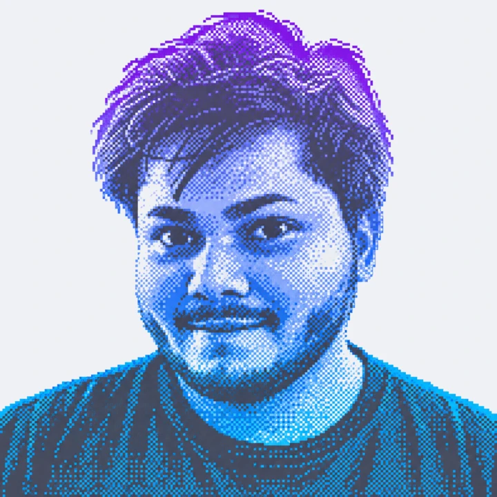 Dithered portrait of Adeildo in lavender and blue